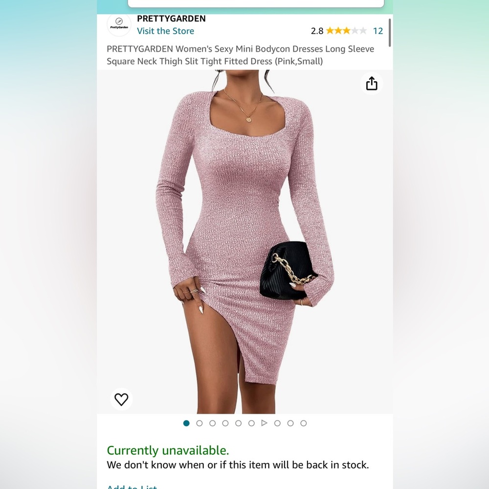 PRETTYGARDEN Mini Bodycon, Long Sleeve/Square Neck, Thigh Slit  (Pink,Small)